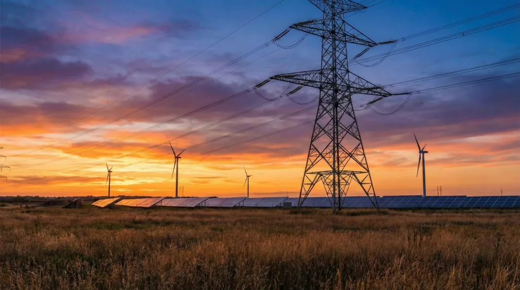 High-voltage galvanised steel transmission pole supporting clean energy infrastructure in an Australian Renewable Energy Zone.